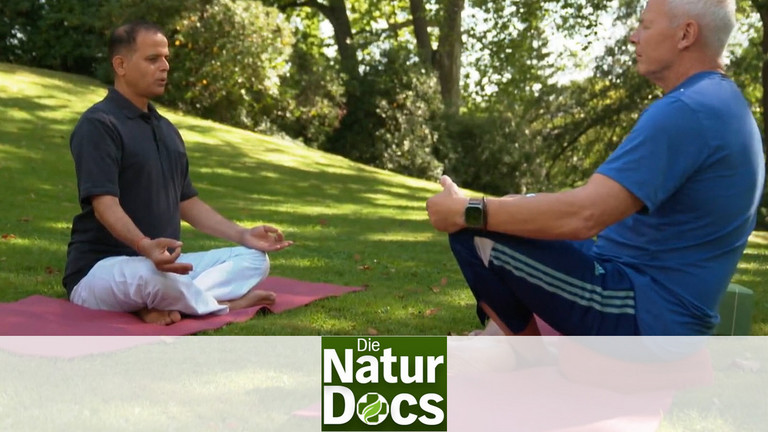 Yogalehrer und Patient sitzen sich im Schneidersitz bei einer Atemübung gegenüber Yogalehrer und Patient sitzen sich im Schneidersitz bei einer Atemübung gegenüber